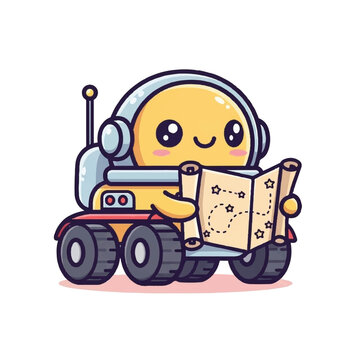 Cartoon robot with map and headset.