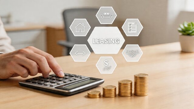 Business man using calculator stacking coins for financial growth with leasing concept