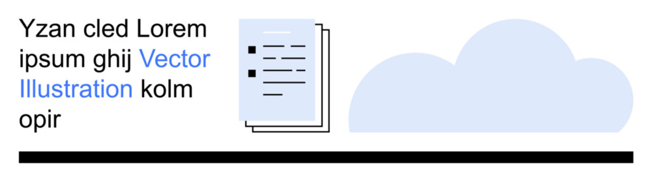 Cloud computing, data storage, document management, digital content, technology solutions, file organization. Simple design a cloud next to stacked documents and placeholder text. Cloud computing
