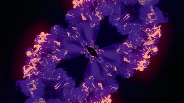 Unique two-sided 3D shockwave in a butterfly or infinity shape. Intense orange cores transition into turbulent purple smoke clouds. Ideal for sci-fi titles and magic effects