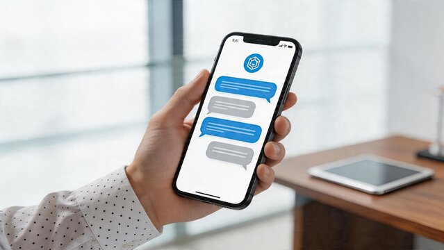 Business man holding smartphone in office mobile communication app with chat bubbles interface messaging technology device user experience modern workspace background blur