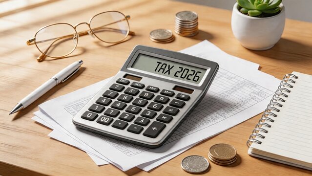 Business calculator desk flat lay financial planning concept tax report office documents money coins writing pen eyeglasses reading