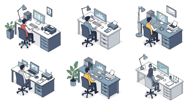 Diverse group of office employees working at desks with computers and printers in modern corporate isometric workspace.