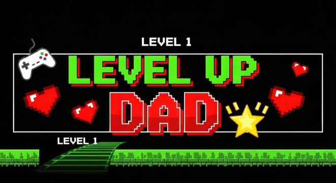 8-bit pixel art level up screen celebrating father's day with gaming theme and retro neon lighting