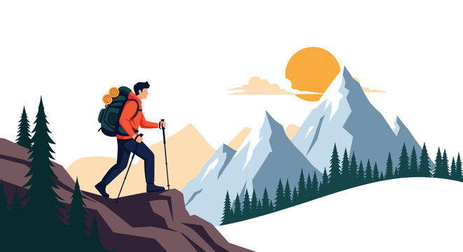 Adventurous male hiker with green backpack and walking sticks trekking up rocky slope towards snow capped mountain peaks.
