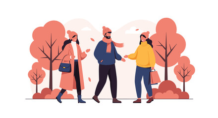 Obraz premium Three friends meeting and shaking hands in park with beautiful autumn trees and falling leaves in soft pink and orange.
