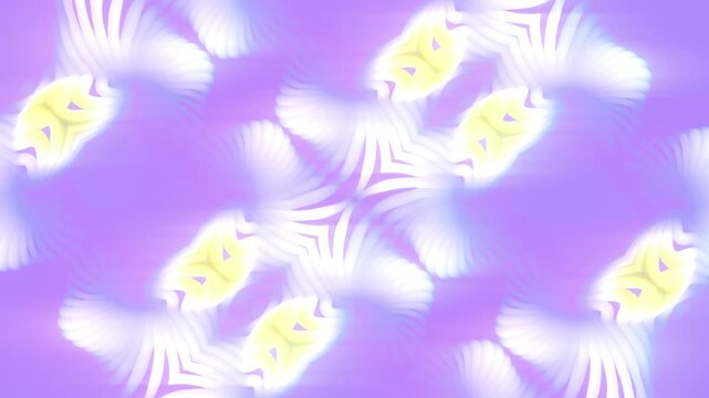 Shining 3D animation. Abstract ribbed forms, resembling glowing wings, pulsate smoothly in yellow and white tones against a delicate lilac background. An ethereal seamless pattern for your design