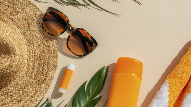 Stylish Summer Beach Essentials: SPF Lip Balm, Sunscreen, Straw Hat, and Tropical Foliage.