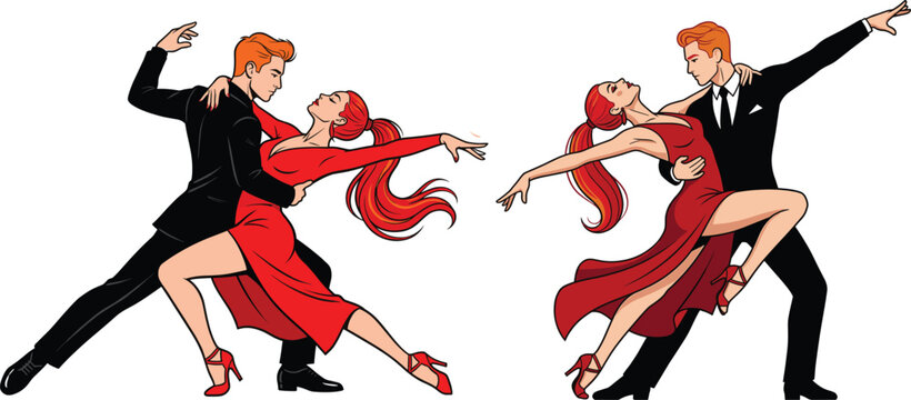 Elegant ballroom tango dance couple in red dress and black suit vector illustration, isolated