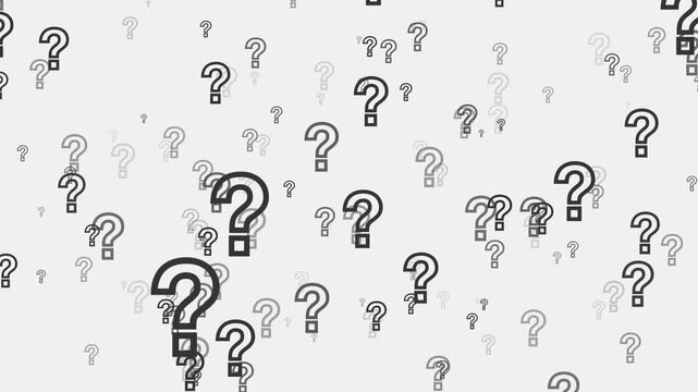 Question marks float across a soft gray background