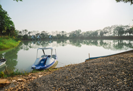 Boating adventure on tranquil lake scenic nature setting serene reflection view