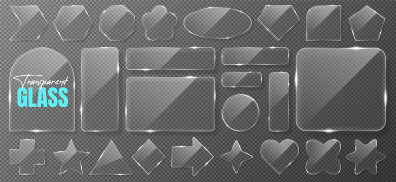 Set of transparent geometric glass, mirror and plastic background for computer or mobile app interface. Crystal 3d icon of star, speech bubble, heart and arrow. Futuristic holographic screen texture.