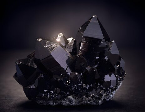 Obsidian Crystal Cluster Multiple Sharp Facets Dramatic Spotlight Macro Photography