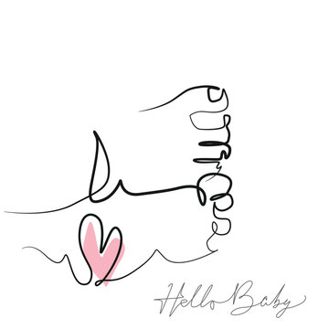 Baby's Feet with Heart Symbol Continuous Line Drawing, Baby Newborn Minimalist One Line Art Illustration