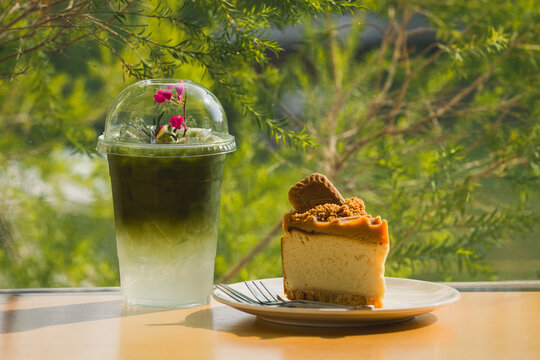 Savoring delicious cheesecake and refreshing drink nature close-up photography scene