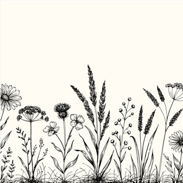 Luxury botanical background with trendy wildflowers and simple flowers for walls or weddings. Line drawing of a herb with elegant leaves for a 'Save the Date' card. Botanical country