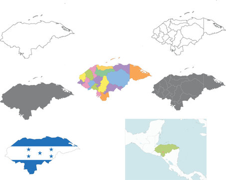 Collection of Honduras maps including administrative divisions, flag silhouette, grey outlines, and regional location in Central America.