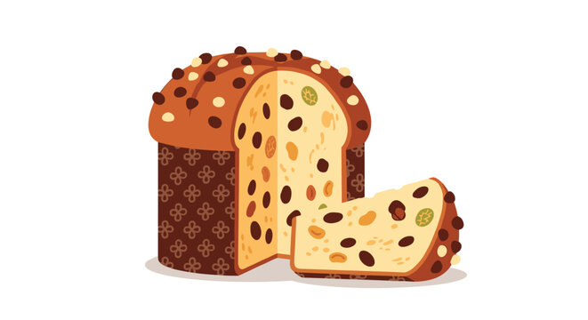 Delicious traditional Italian panettone cake filled with raisins and candied fruit shown with a single slice removed on a white background.