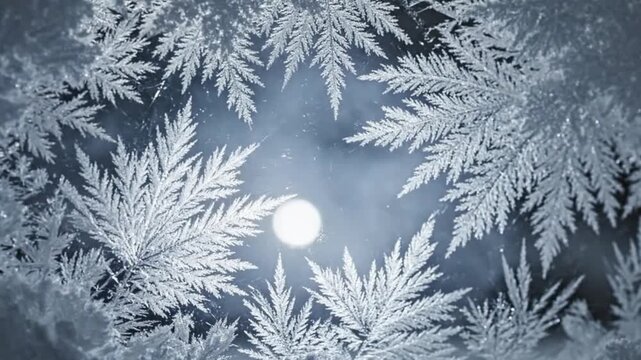 Intricate frost patterns resembling fern leaves form a circular frame around a glowing full moon on a cold winter night