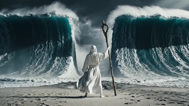 Person with staff facing ocean waves ideal for travel vlogs and eco-friendly campaigns