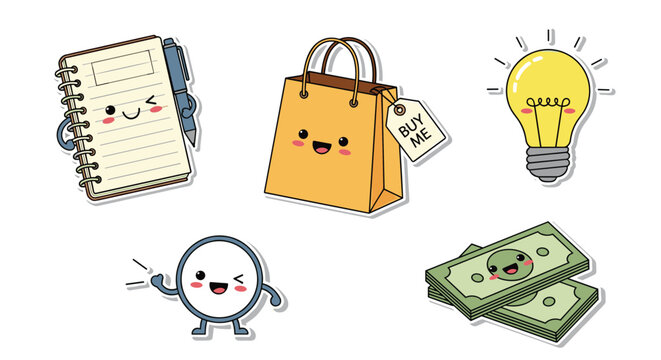 Set of cute kawaii style stickers including a winking notebook, a happy shopping bag, a glowing lightbulb, and stacks of money with faces.