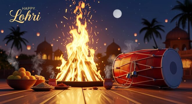 Happy Lohri Celebration with Bonfire, Dhol Drum, and Traditional Sweets