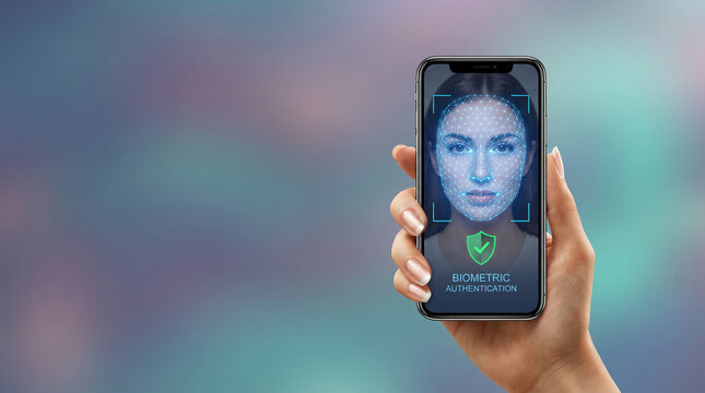 Smartphone biometric face authentication with copy space secure mobile identity verification technology. Face ID. AI verification 