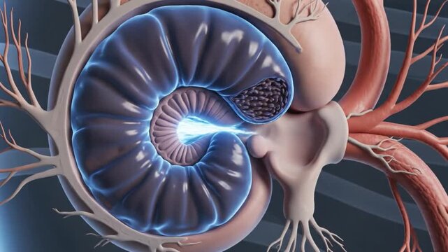 Ultra detailed 3D medical animation of human ear anatomy showing outer ear ear canal eardrum ossicles and cochlea semi transparent layers revealing internal structures nerves and tissues slow motion s