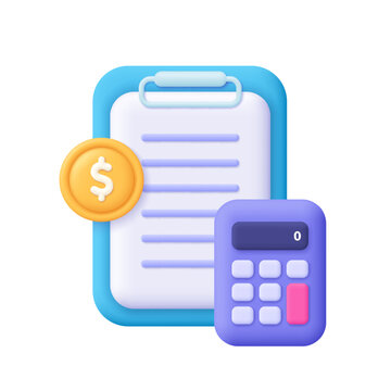 Clipboard sheet paper with text, calculator and coin. Financial report, accounting, income and tax concept. 3d vector icon. Cartoon minimal style.