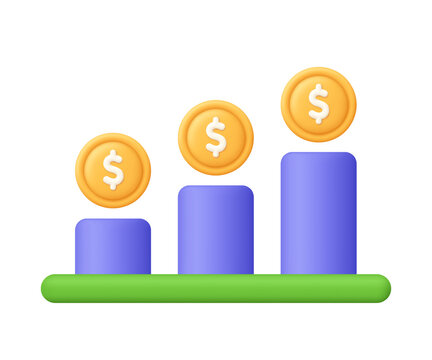 Financial growth chart with purple bars and gold coins. Finance, increasing profit, capital, business success, investment and revenue growth concept. 3d vector icon. Cartoon minimal style.