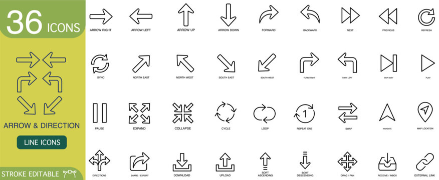 Arrow direction icon line outline navigation interface symbol collection of stroke editable vector pictogram for web app, presenting right left up down arrows, control, refresh, upload, download