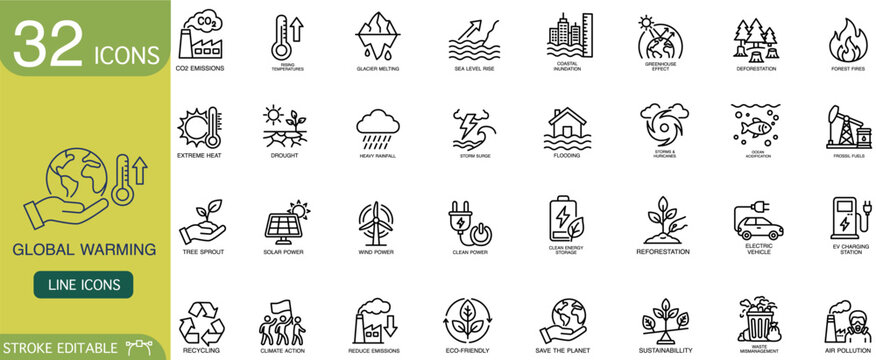 Global warming climate change icon line outline environmental sustainability vector set for infographic, showing carbon emission, renewable energy, recycling, flooding, drought, fire
