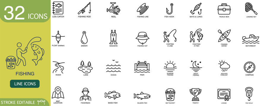 Fishing icon line vector outline equipment tackle boat set featuring thirty two stroke editable symbols rod reel hook lure net map pin river lake ocean trophy