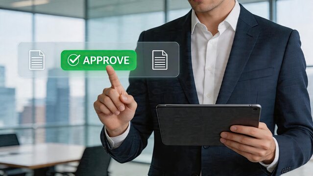Businessman approving digital documents on touchscreen tablet futuristic office interface with green checkmark button corporate technology workflow