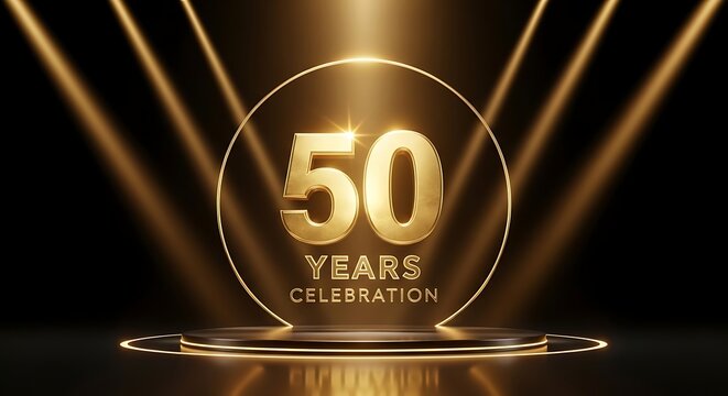 50th anniversary golden number celebration luxury 3D render with spotlights podium and circular frame on dark background digital illustration