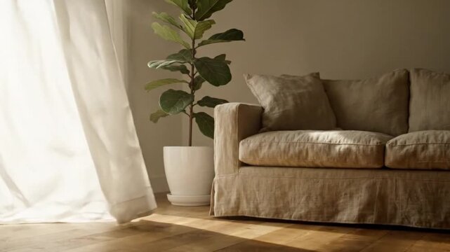 Cozy living room with a comfortable linen sofa and a large potted fiddle leaf fig plant near a window with sheer