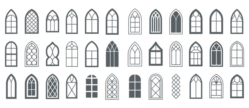 Church windows silhouettes gothic arches in line, classic stained glass frame outline design