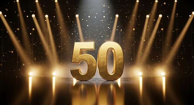 Golden number 50 on cinematic stage with spotlights and glitter particles for 50th anniversary celebration luxury 3D illustration background