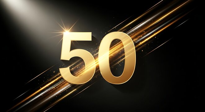 Luxury golden number 50 for 50th anniversary celebration with elegant glowing light streaks on black background digital illustration