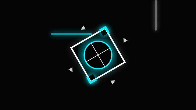 Neon Geometric Squares Rotate in High Contrast Black Background.