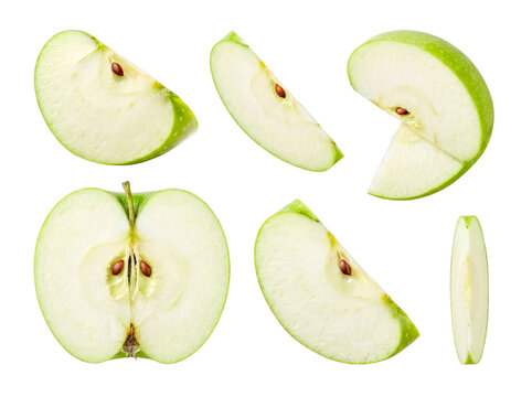 Fresh green apple slices and a halved apple with visible seeds, presented on a transparent background.