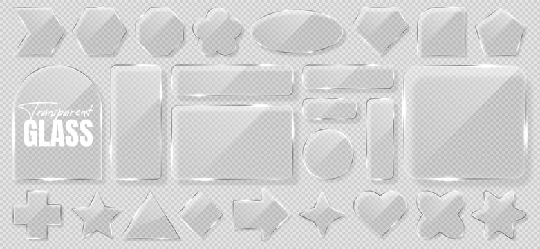 3d transparent glass shape or icon with holographic texture. Futuristic mirror and plastic screen for mobile or computer app interface. Crystal heart, arrow, star, speech bubble and frame background.