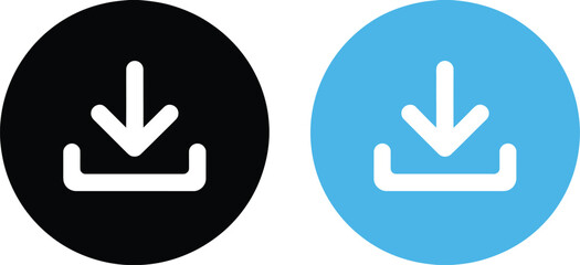 Circular download icon set, four variations with different background colors for data download app interface and digital communication graphics. © Eva Elrod