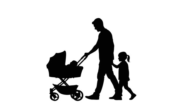 Silhouette of a father pushing a stroller with a baby and holding his daughter's hand while walking.