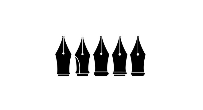 A collection of five black fountain pen nibs of varying designs arranged in a row against a white background.