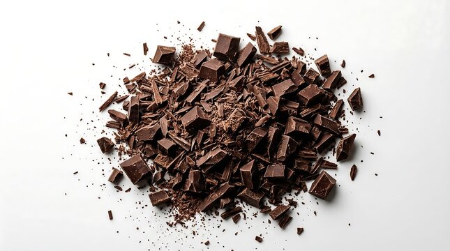 Crumbled dark chocolate pieces scattered on white background.