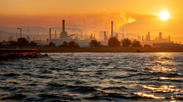 Industrial silhouettes sunset water smoke orange sky reflection pollution dramatic