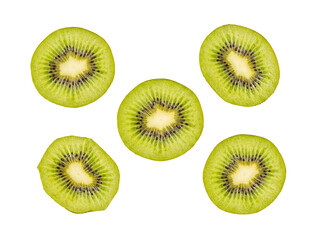 Fototapeta premium Five vibrant green kiwi fruit slices, showcasing fresh texture and seeds.