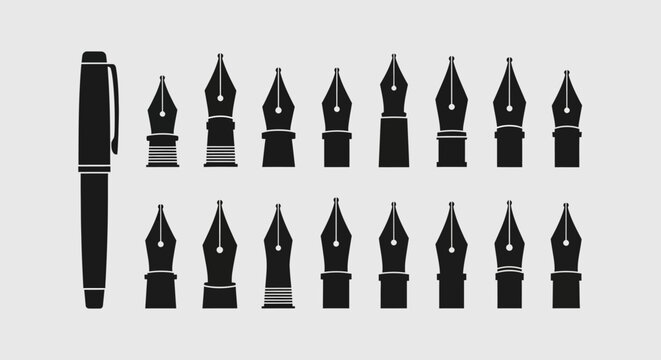 Collection of black fountain pen nibs and a pen body, showcasing various designs and sizes for writing instruments.