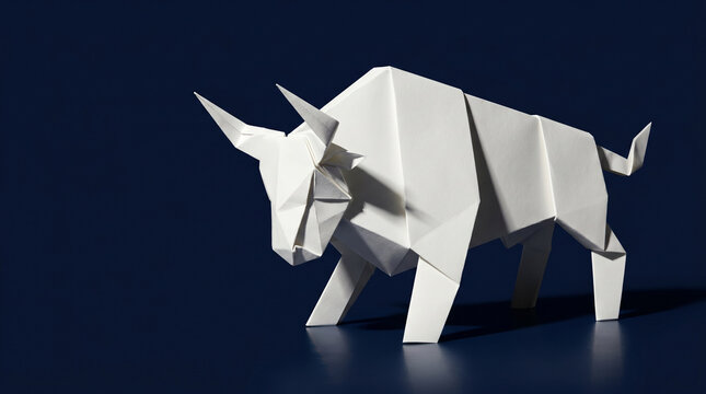 A bold white origami paper bull with angular fold planes on a deep navy background &mdash; powerful symbol of financial growth and bull market.
